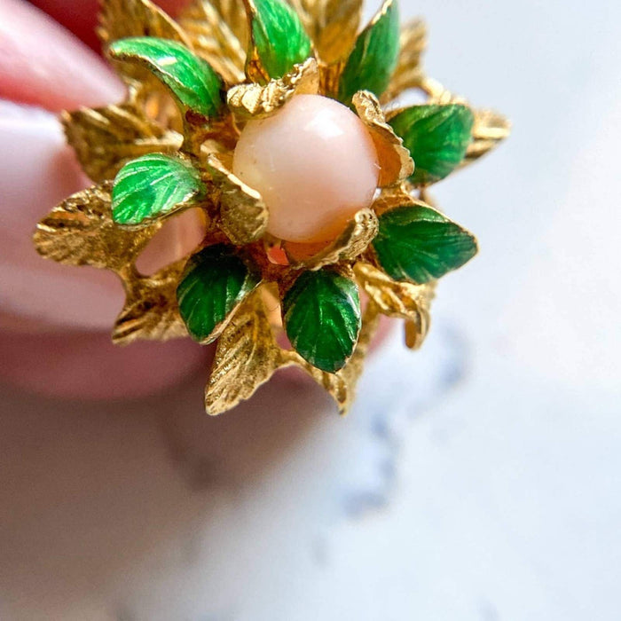 18K Gold Coral and Green Enamel Flower Earrings