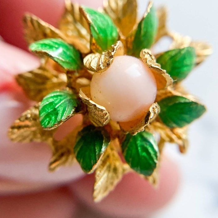 18K Gold Coral and Green Enamel Flower Earrings