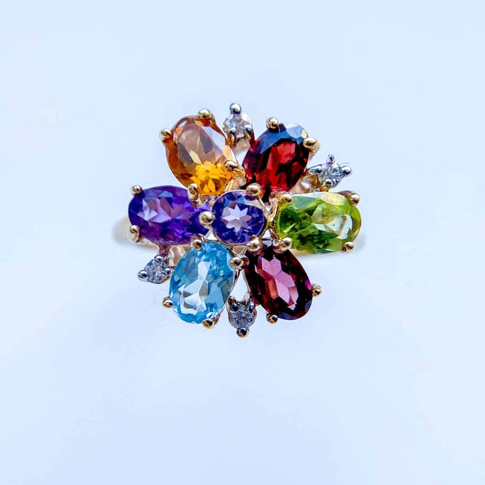 14K Gold Multi Stone Flower Cocktail Ring