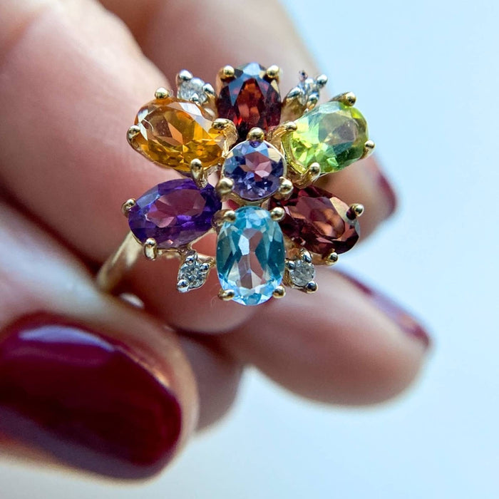 14K Gold Multi Stone Flower Cocktail Ring