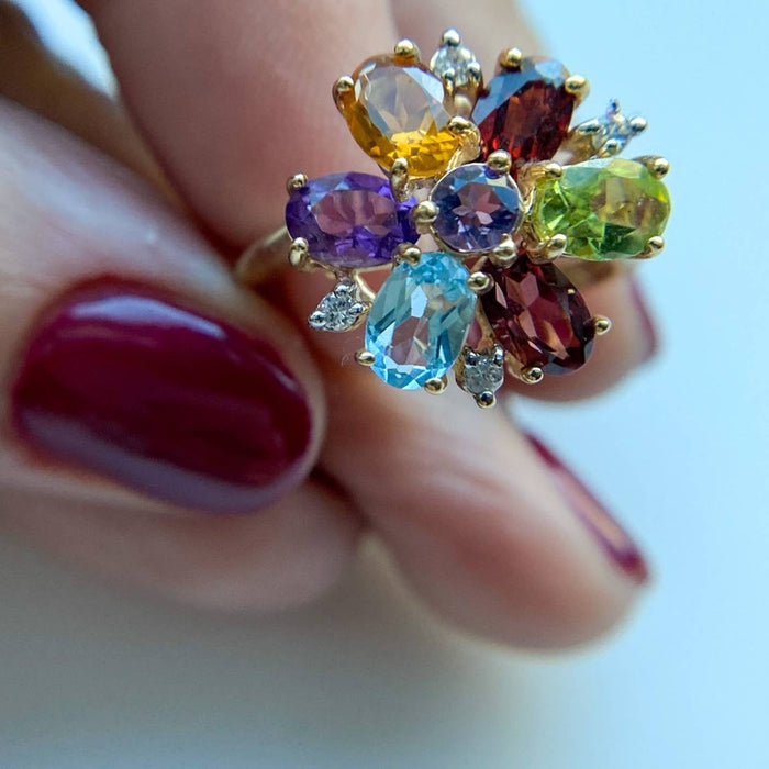 14K Gold Multi Stone Flower Cocktail Ring