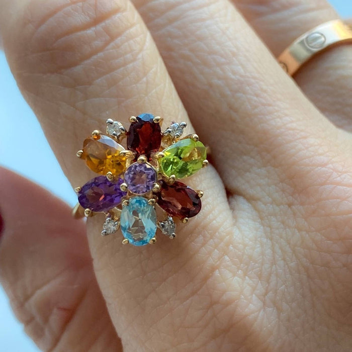 14K Gold Multi Stone Flower Cocktail Ring