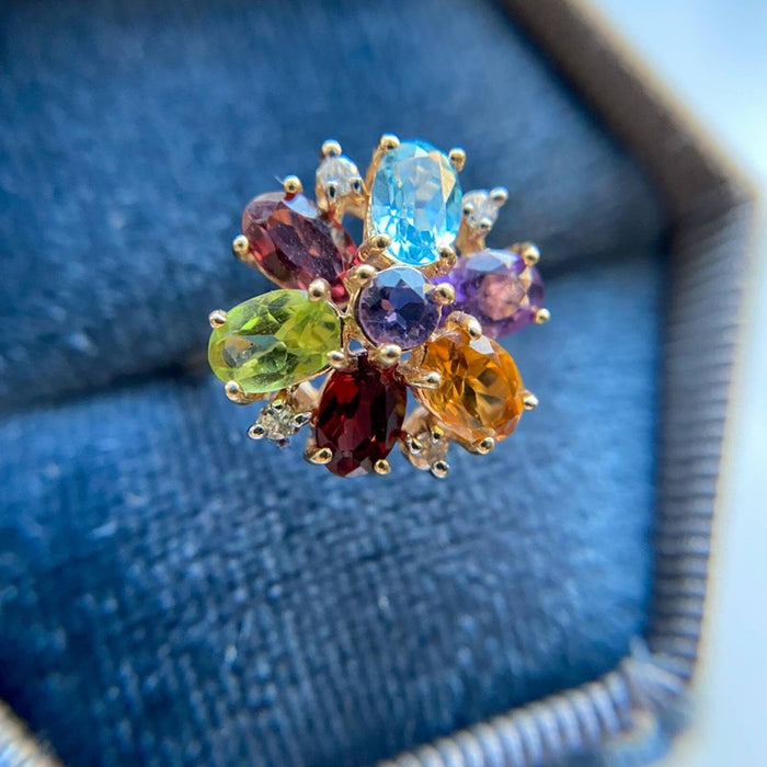 14K Gold Multi Stone Flower Cocktail Ring