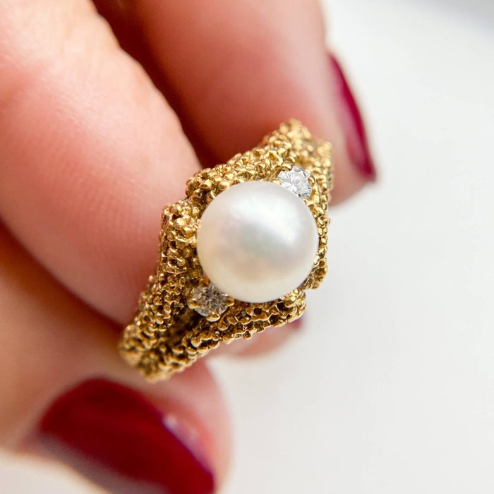 18K Gold Antique Pearl And Diamond Ring