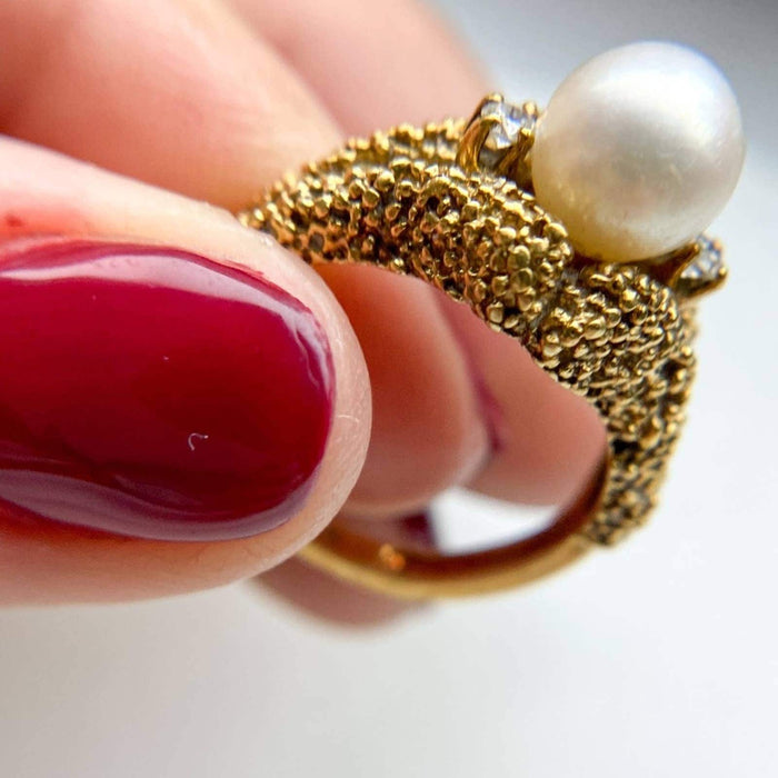 18K Gold Antique Pearl And Diamond Ring