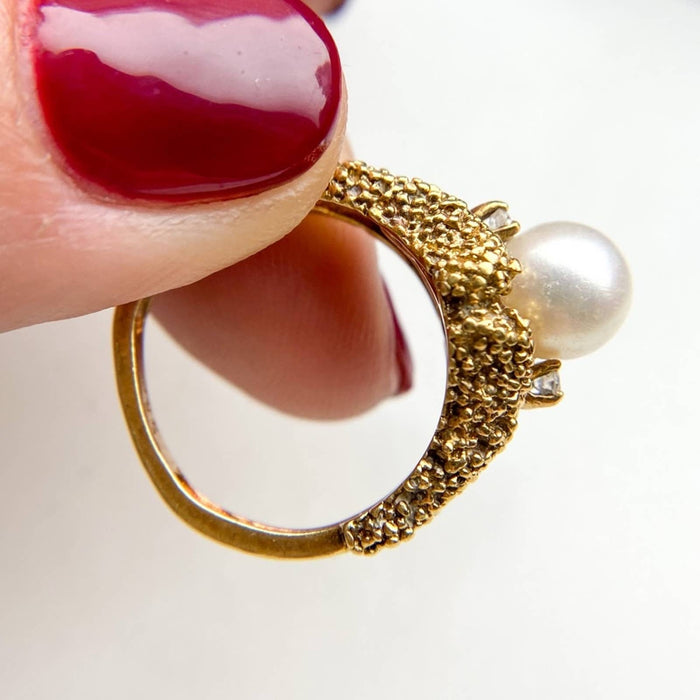 18K Gold Antique Pearl And Diamond Ring