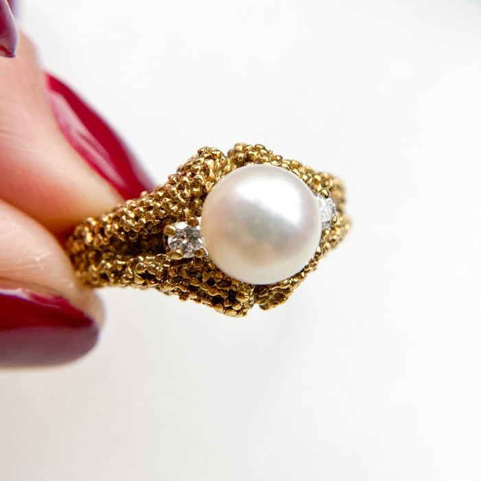 18K Gold Antique Pearl And Diamond Ring