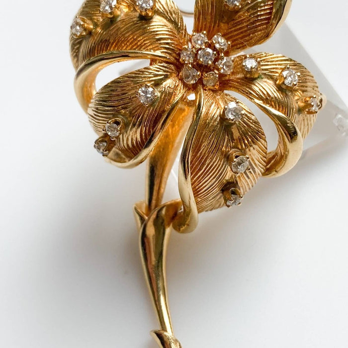 14K Yellow Gold Diamond Flower Vintage Brooch