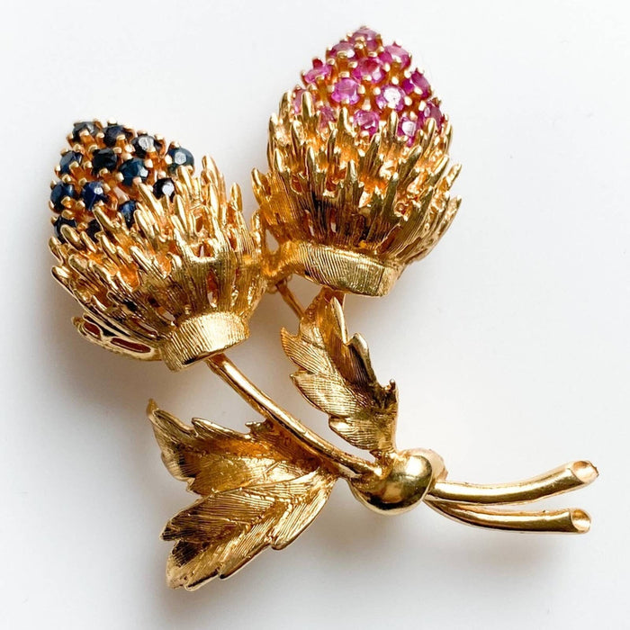 Ruby & Sapphire Vintage 14k Gold Flower Pin Brooch