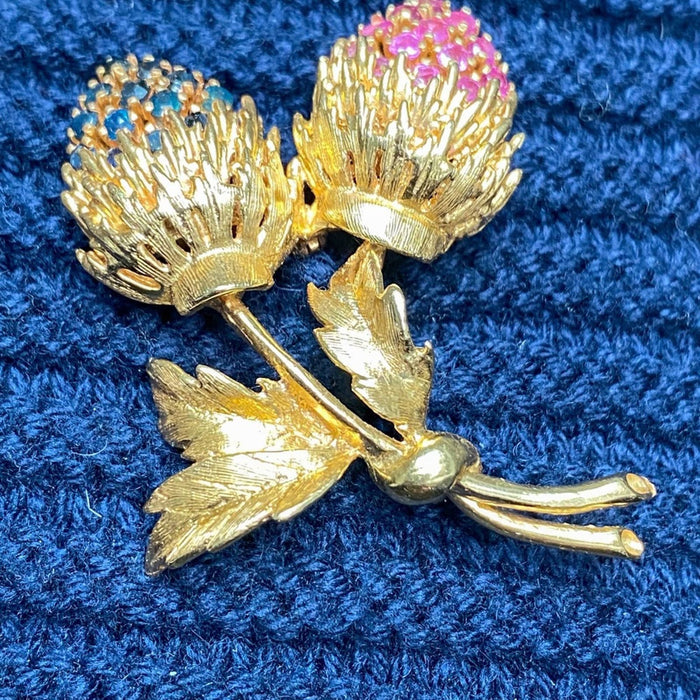 Ruby & Sapphire Vintage 14k Gold Flower Pin Brooch