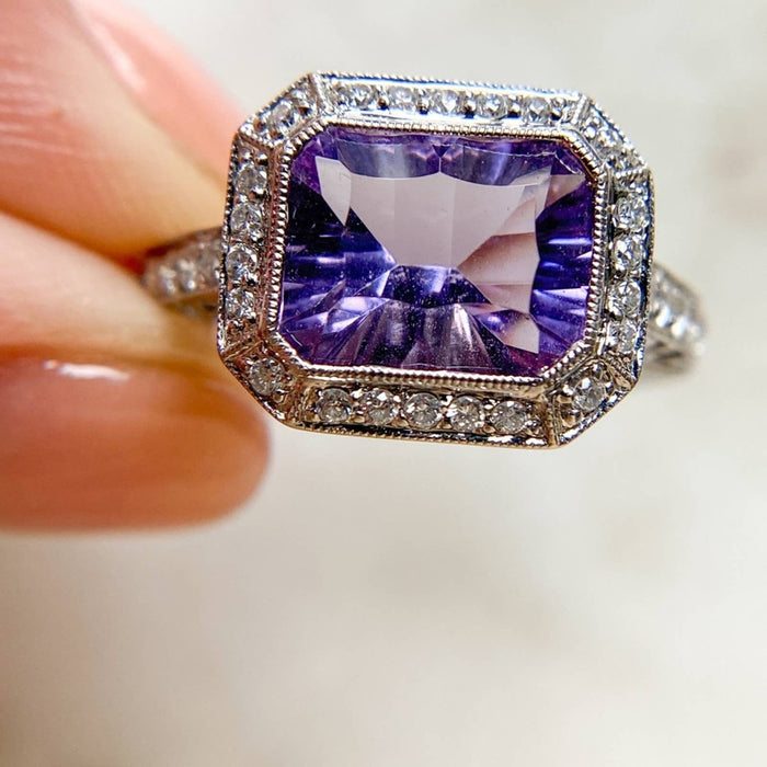 14K White Gold Emerald Cut Amethyst and Diamond Ring