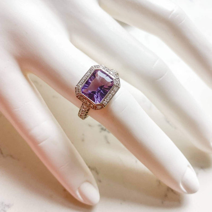 14K White Gold Emerald Cut Amethyst and Diamond Ring