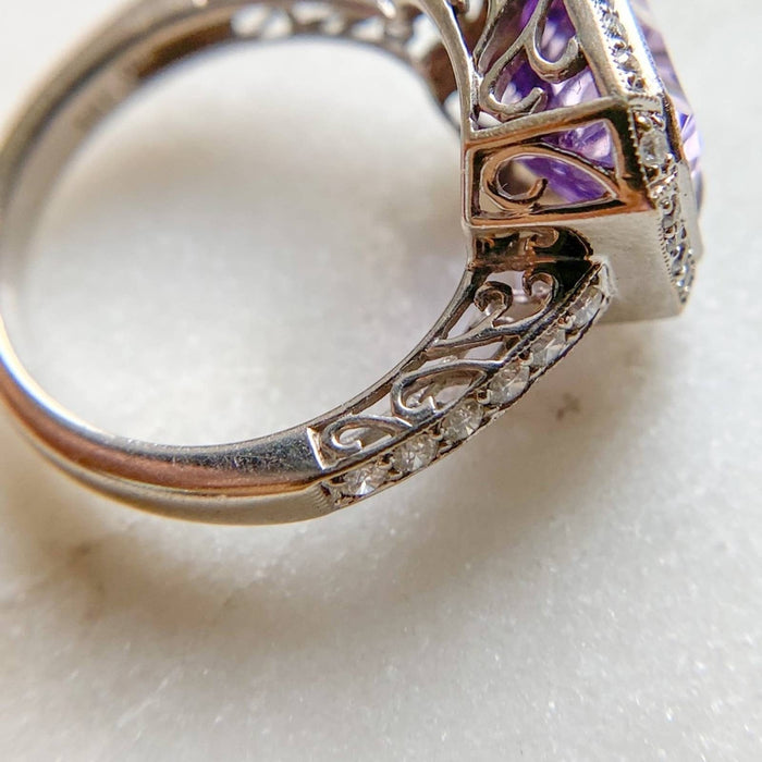 14K White Gold Emerald Cut Amethyst and Diamond Ring