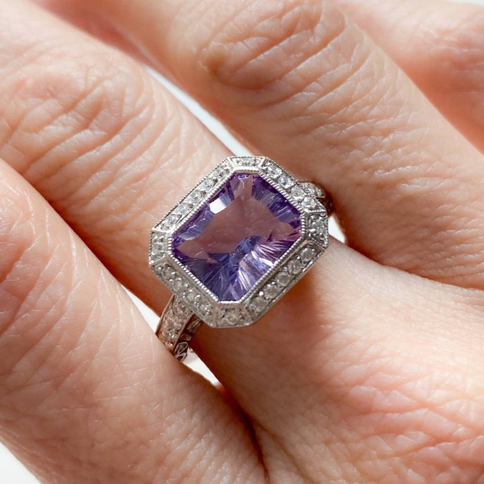 14K White Gold Emerald Cut Amethyst and Diamond Ring