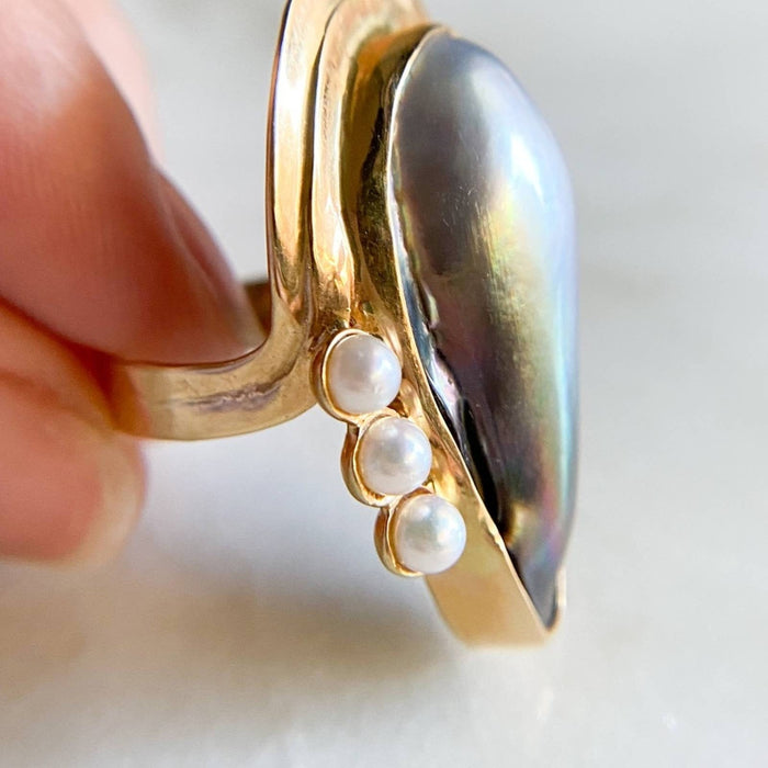 14K Yellow Gold Baroque Pearl Vintage Ring