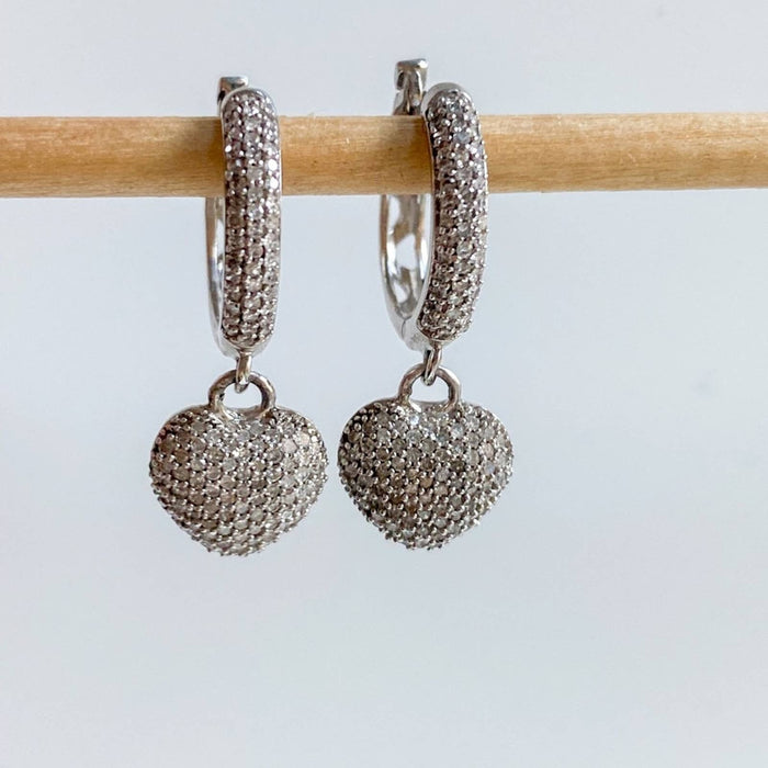 14K White Gold Dangle Diamond Heart Earrings