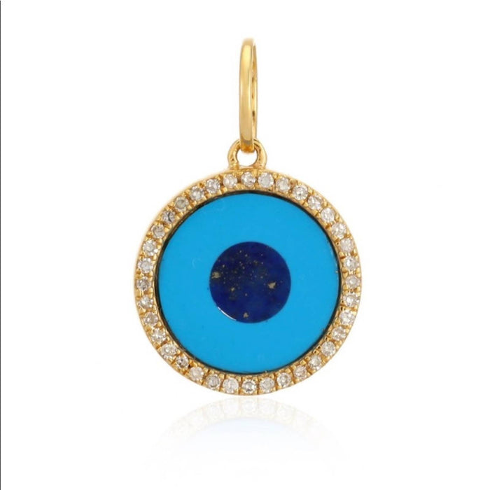 14K Yellow Gold Diamond Turquoise Evil Eye Charm Pendant.