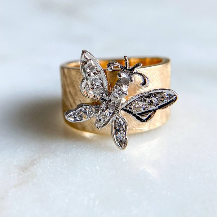 14K Gold Diamond Butterfly Cigar Vintage Ring