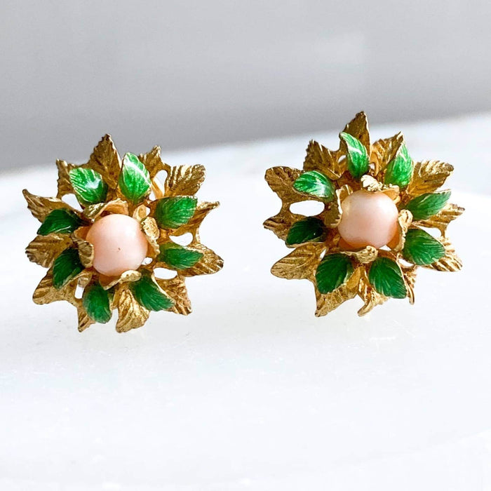 18K Gold Coral and Green Enamel Flower Earrings