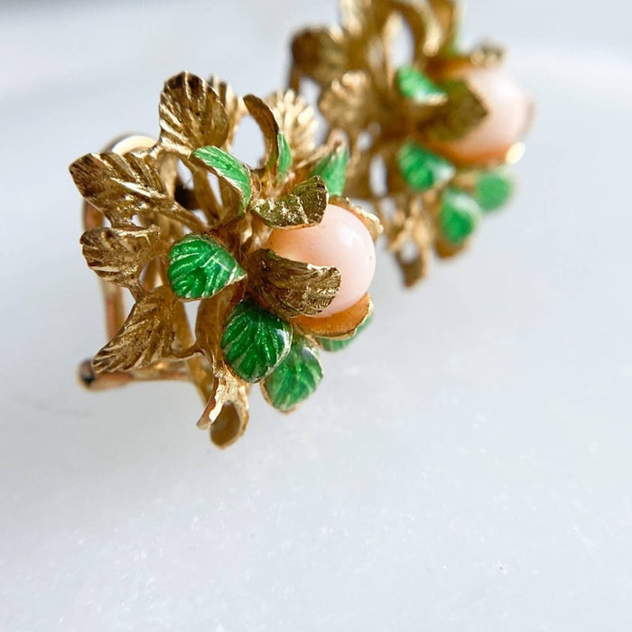 18K Gold Coral and Green Enamel Flower Earrings