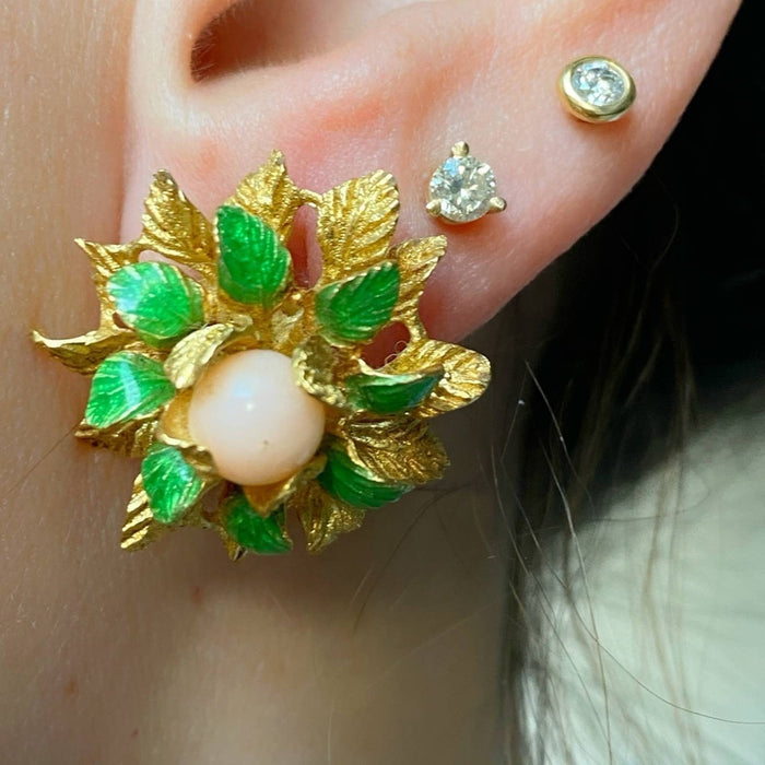 18K Gold Coral and Green Enamel Flower Earrings