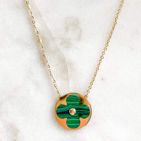 14K Yellow Gold Inlay Malachite Clover Charm Necklace