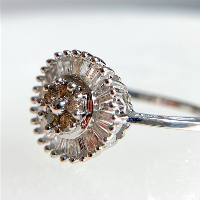 14K White Gold  Baguette Cut Diamond Cluster Cocktail Ring