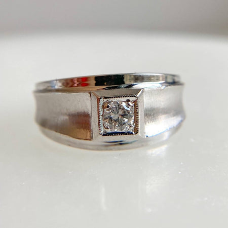 14K White Gold Single Diamond Retro Vintage Unisex Band Ring