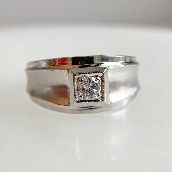 14K White Gold Single Diamond Retro Vintage Unisex Band Ring