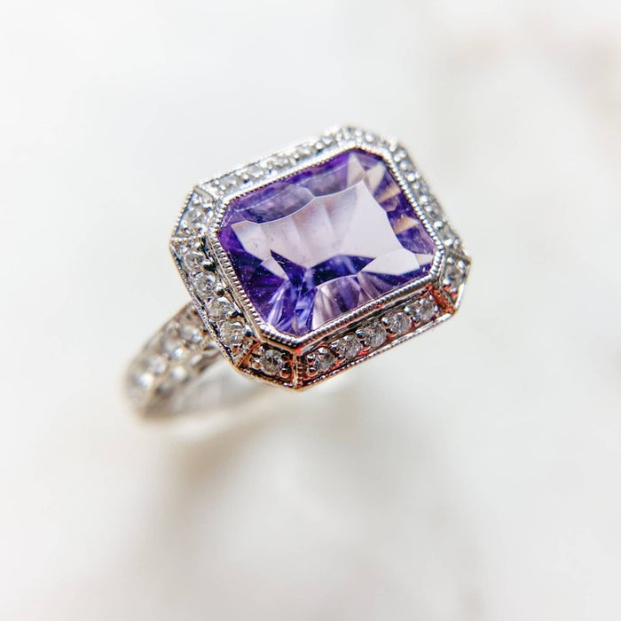 14K White Gold Emerald Cut Amethyst and Diamond Ring