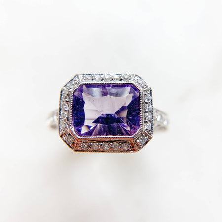 14K White Gold Emerald Cut Amethyst and Diamond Ring