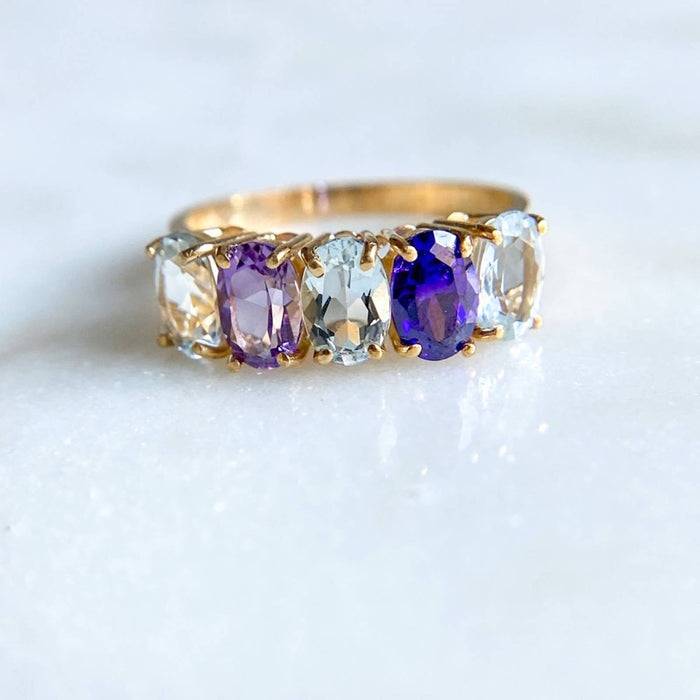 14K Yellow Gold Aquamarine and Amethyst Vintage Ring