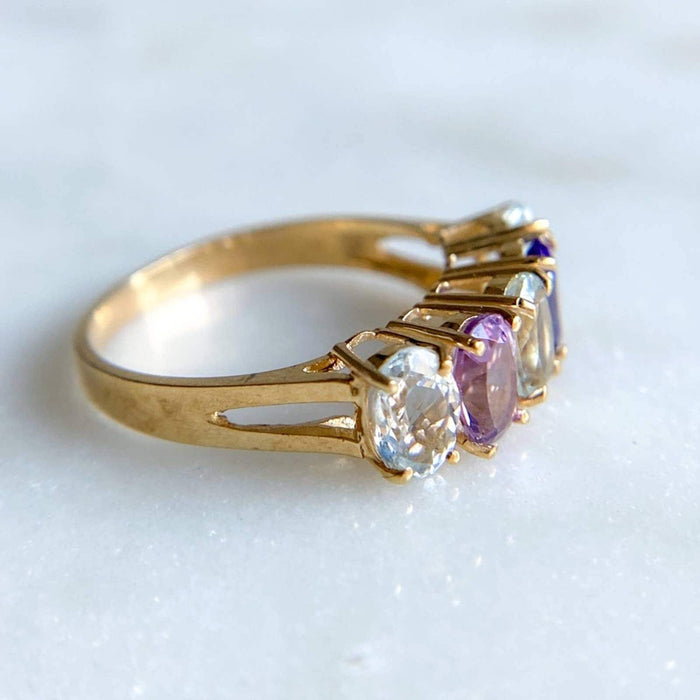 14K Yellow Gold Aquamarine and Amethyst Vintage Ring