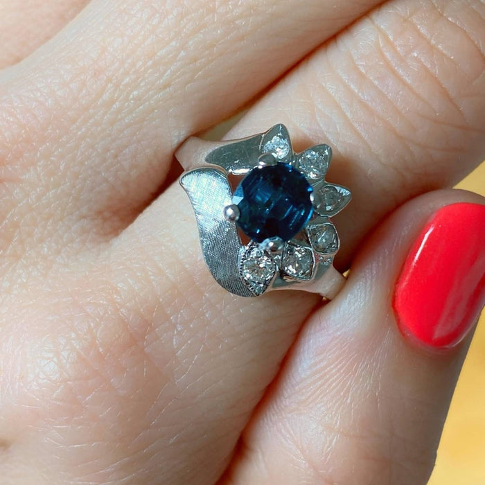 14K White Gold Blue Sapphire And Diamond Vintage Ring