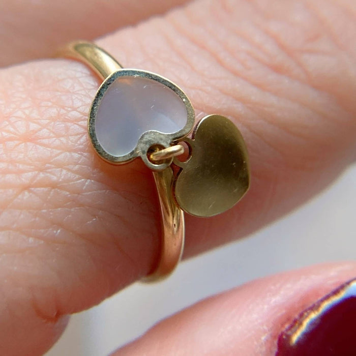 14K Yellow Gold Mother Of Pearl Dangle Hearts Ring