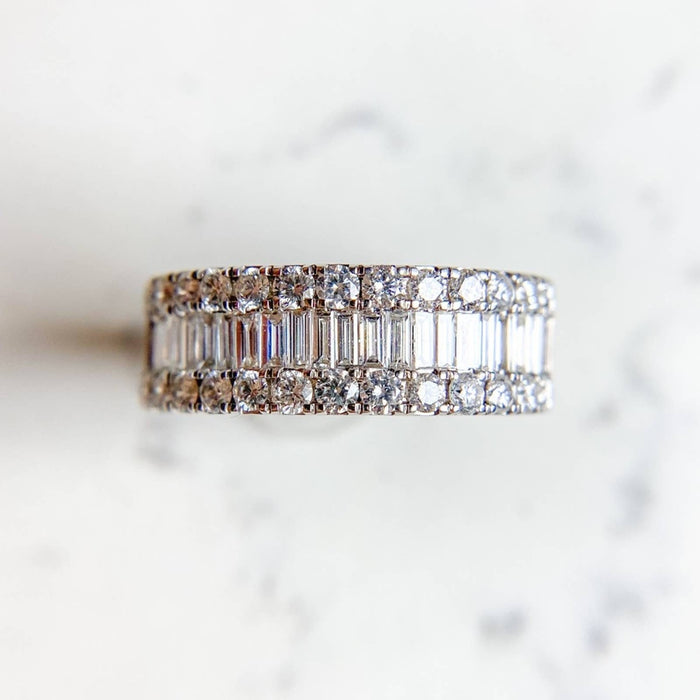 14K White Gold Baguette and Round Diamond Band