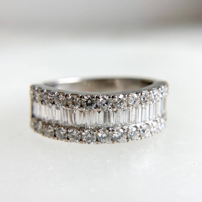 14K White Gold Baguette and Round Diamond Band