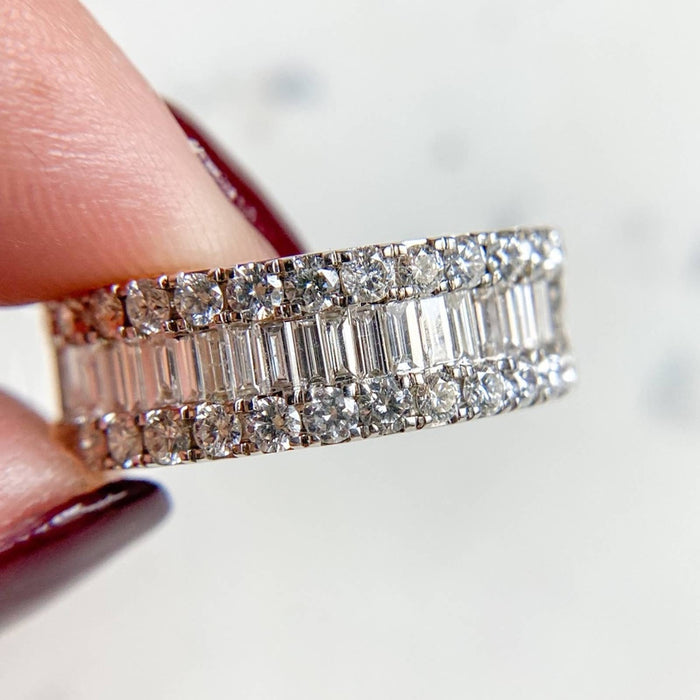 14K White Gold Baguette and Round Diamond Band