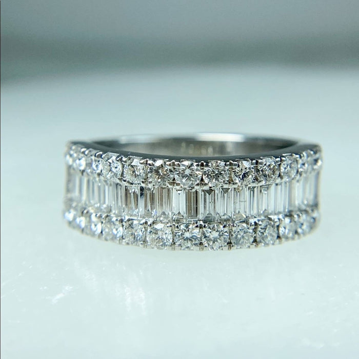 14K White Gold Baguette and Round Diamond Band