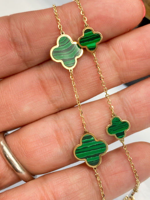 14k Yellow Gold Malachite Clover Station Necklace