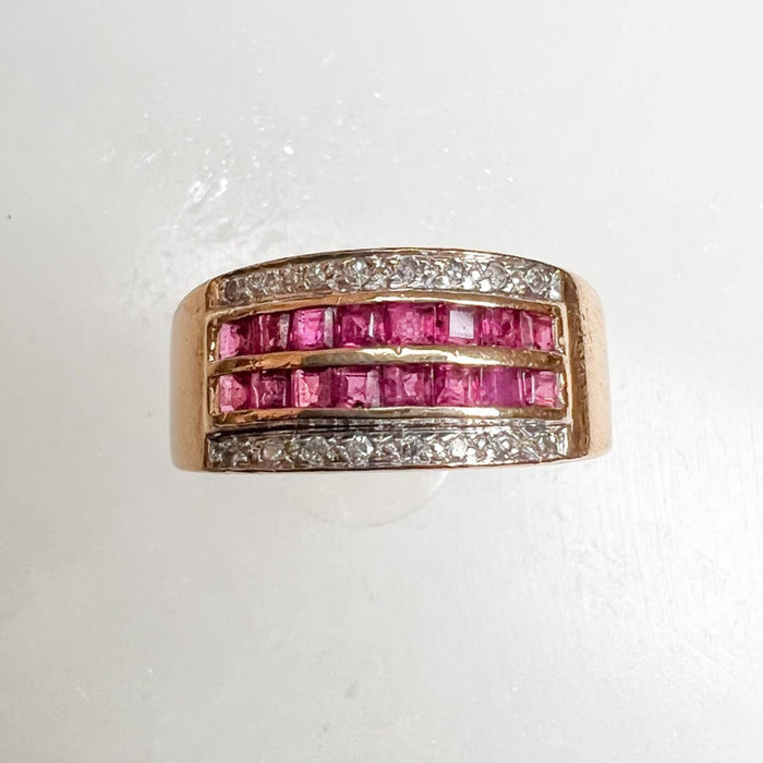 14k Yellow Gold Princess Cut Ruby And Diamond Band Ring