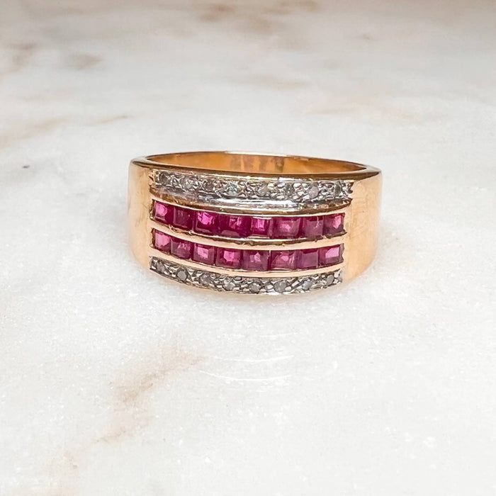 14k Yellow Gold Princess Cut Ruby And Diamond Band Ring