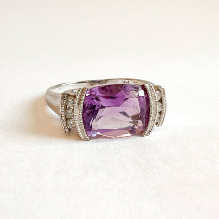 14K White Gold Cushing Amethyst East-West Emerald Cut And Diamond Ring