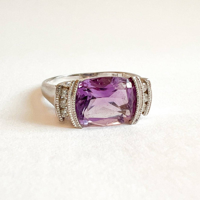 14K White Gold Cushing Amethyst East-West Emerald Cut And Diamond Ring