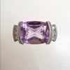 14K White Gold Cushing Amethyst East-West Emerald Cut And Diamond Ring