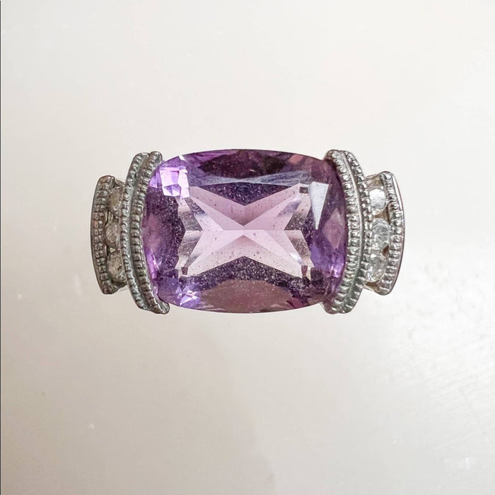 14K White Gold Cushing Amethyst East-West Emerald Cut And Diamond Ring