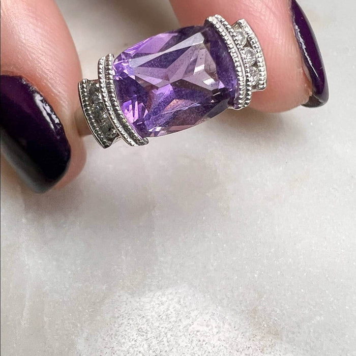 14K White Gold Cushing Amethyst East-West Emerald Cut And Diamond Ring