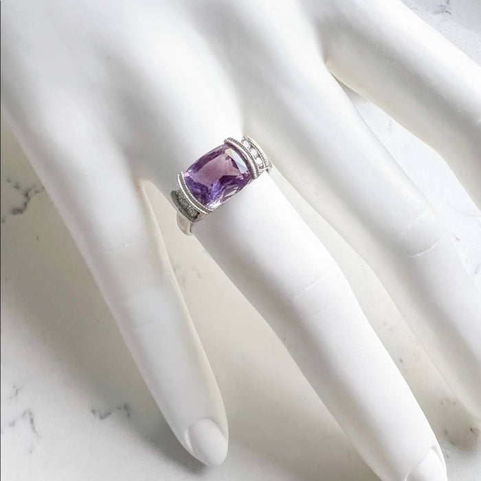 14K White Gold Cushing Amethyst East-West Emerald Cut And Diamond Ring