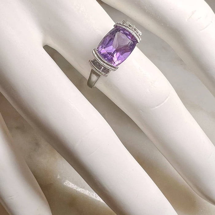 14K White Gold Cushing Amethyst East-West Emerald Cut And Diamond Ring