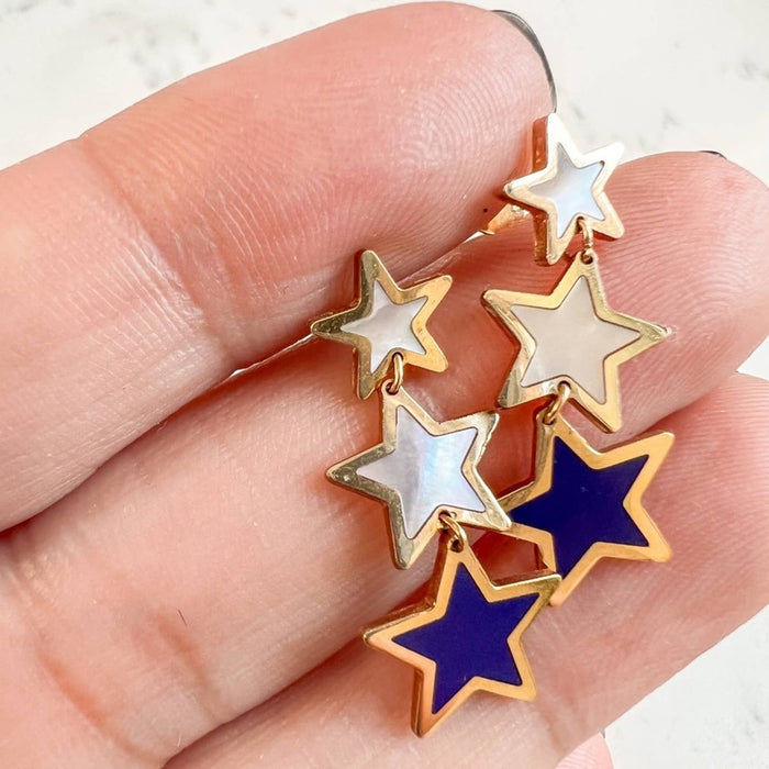 14K Yellow Gold Mother Of Pearl and Lapis Lazuli Star Dangle Earrings